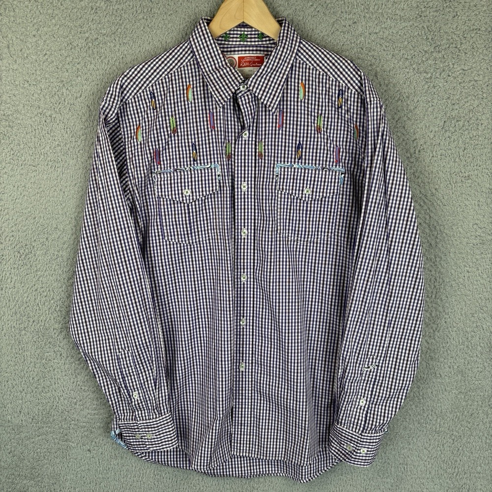 Robert Graham Shirt Men Large Purple Gingham Check Surf Board Embroidery Pockets